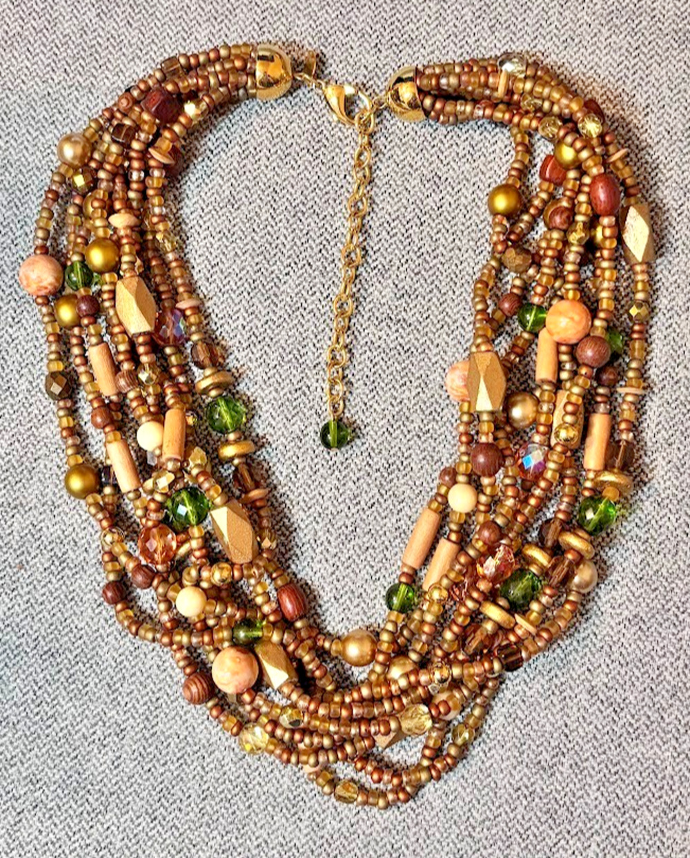 Vintage Joan Rivers Multi Strand Torsade Necklace Earth Tone Glass Wood Boho